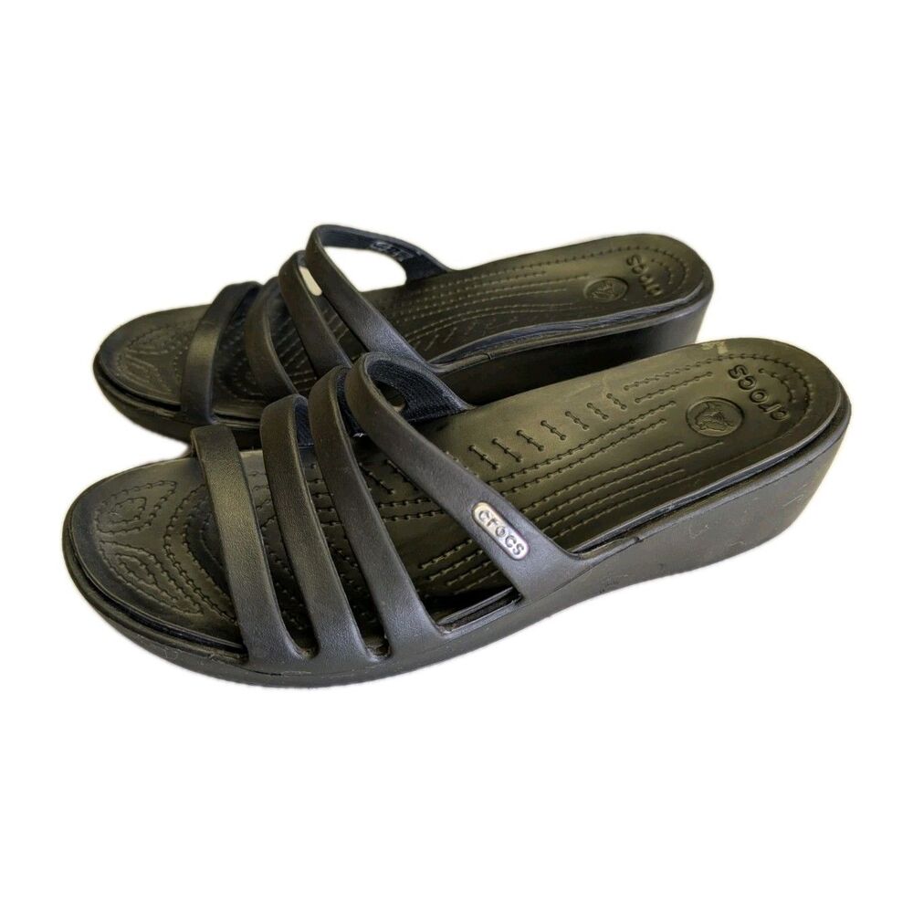 Crocs Women's Rhonda Sandal Size 9 Wedge Slide Flip Flop Black Beach Summer